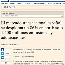 El mercado transaccional espaol se desploma un 86% en abril: solo 1.400 millones en fusiones y adquisiciones